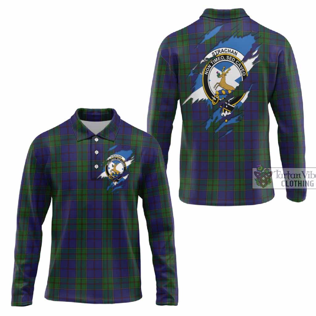 Strachan Clan Crest In Me Tartan Long Sleeve Polo Shirt Scotland Flag Style