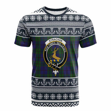 Strachan Clan Tartan Christmas Cotton T-shirt with Family Crest - Tartan Vibes Clothing