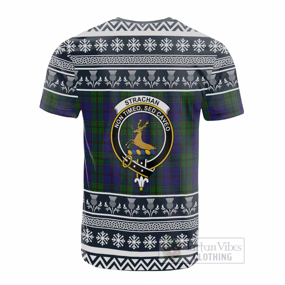 Strachan Clan Tartan Christmas Cotton T-shirt with Family Crest - Tartan Vibes Clothing