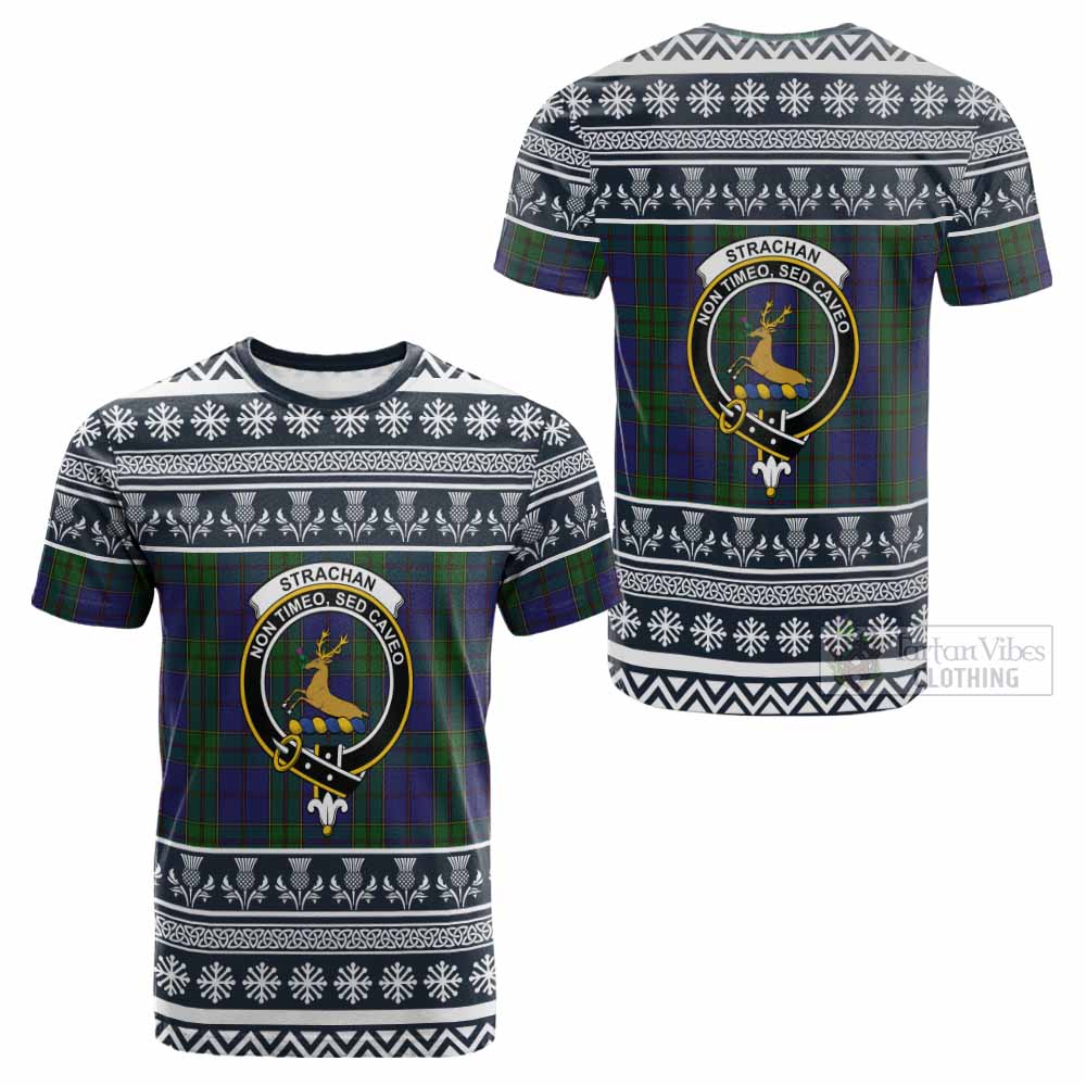 Strachan Clan Tartan Christmas Cotton T-shirt with Family Crest - Tartan Vibes Clothing