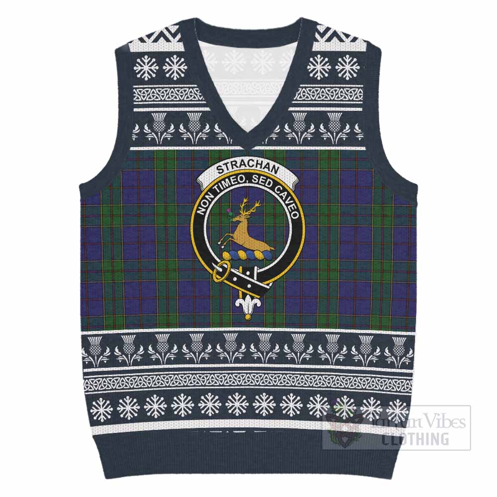Strachan Clan Tartan Christmas Knitted V-Neck Vest with Family Crest - Tartan Vibes Clothing