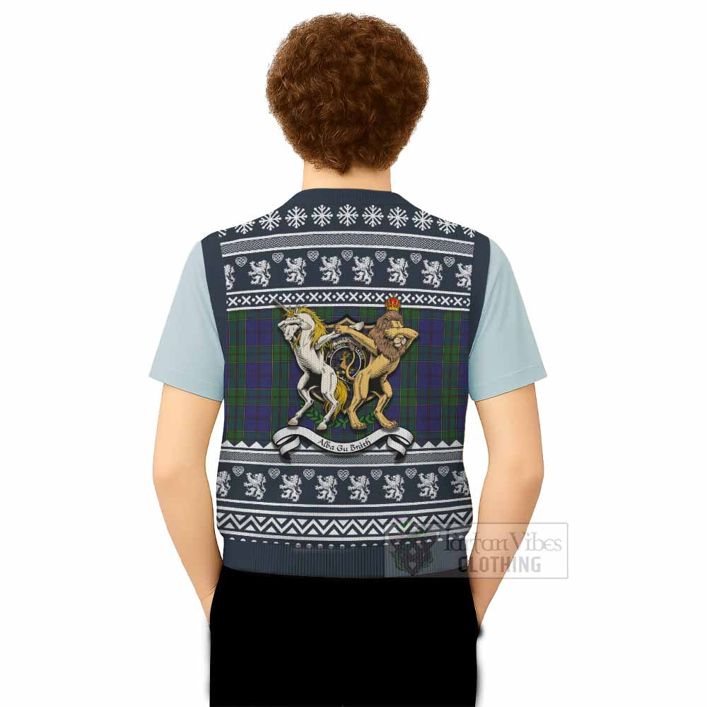 Strachan Clan Tartan Crest Christmas Knitted V-Neck Vest Coat of Arms Funny Style - Tartan Vibes Clothing