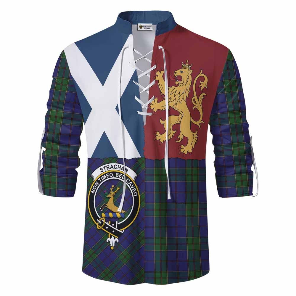 Strachan Crest Tartan Ghillie Shirt with Lion Rampant Saltire Style - Tartan Vibes Clothing