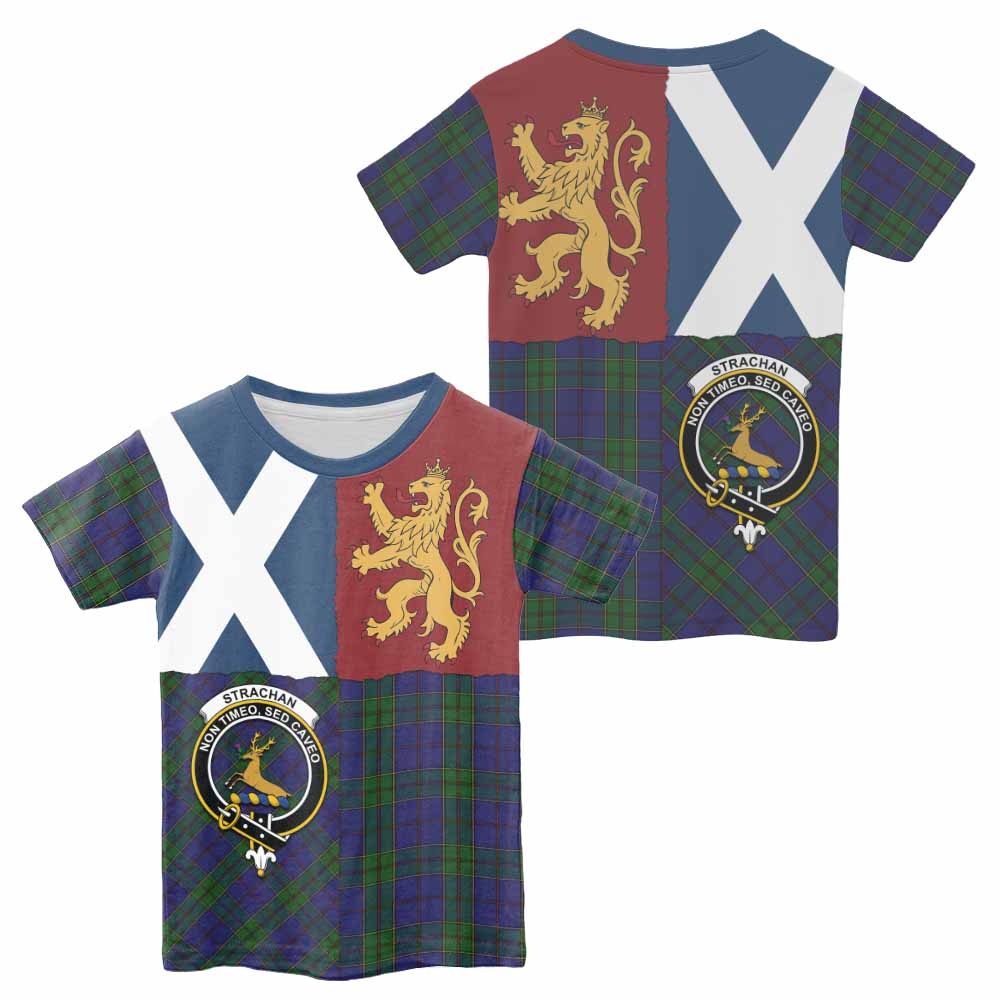 Strachan Crest Tartan Kid T-shirt with Lion Rampant Saltire Style - Tartan Vibes Clothing