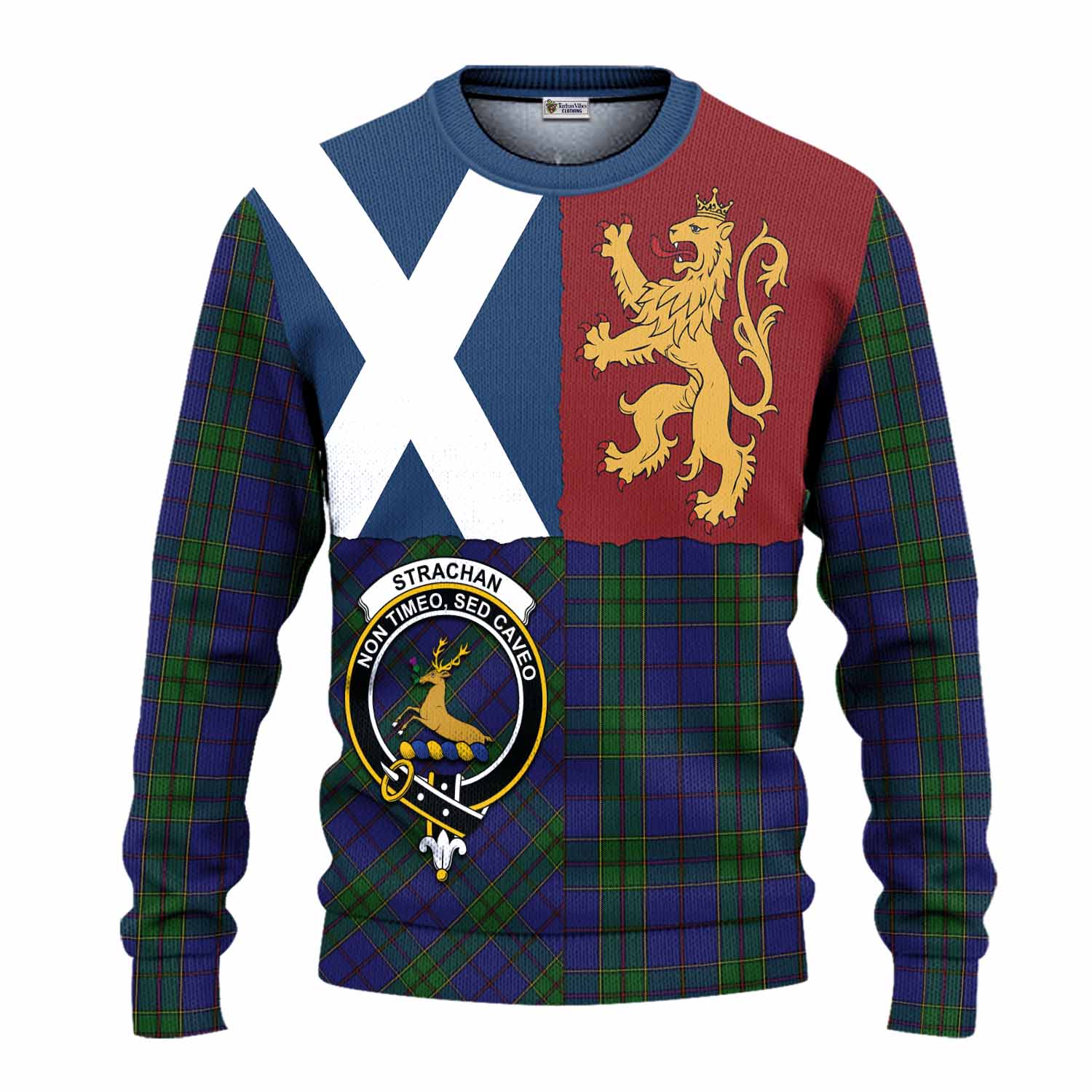 Strachan Crest Tartan Knitted Sweater with Lion Rampant Saltire Style