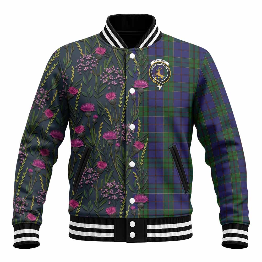 Strachan Family Crest Tartan Baseball Jacket Scottish Thistle Flower Pattern Half Style - Tartan Vibes Clothing