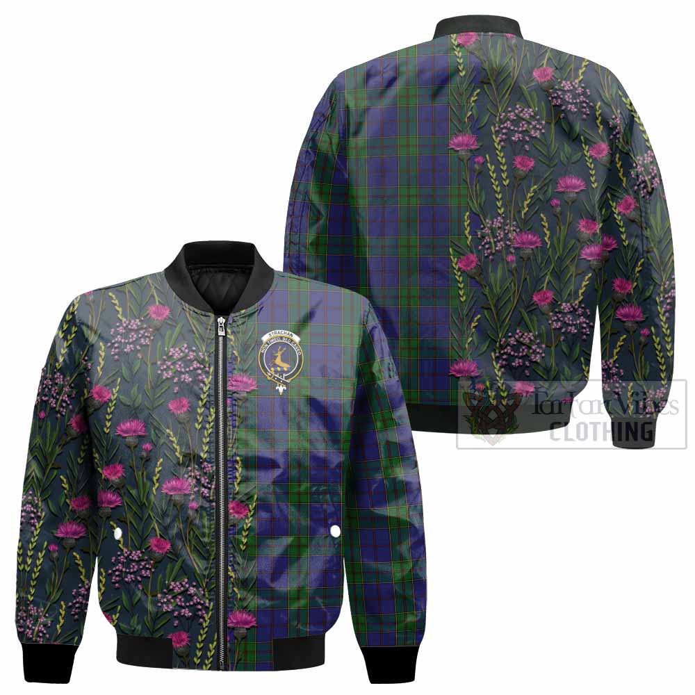 Strachan Family Crest Tartan Bomber Jacket Scottish Thistle Flower Pattern Half Style - Tartan Vibes Clothing