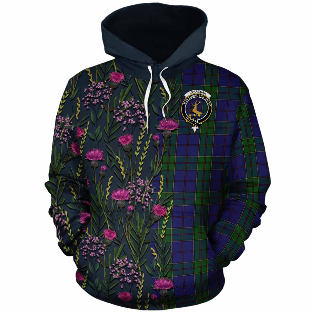 Strachan Family Crest Tartan Cotton Hoodie Scottish Thistle Flower Pattern Half Style - Tartan Vibes Clothing