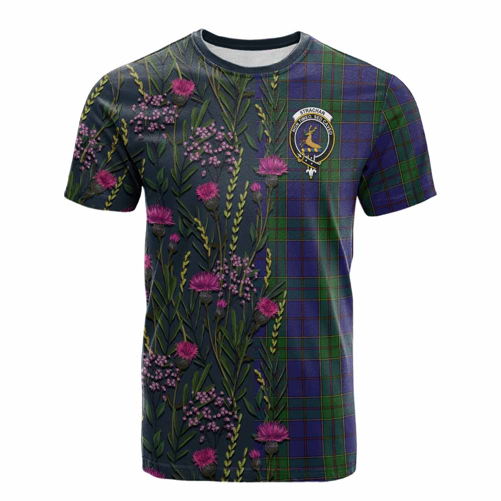 Strachan Family Crest Tartan Cotton T-shirt Scottish Thistle Flower Pattern Half Style - Tartan Vibes Clothing