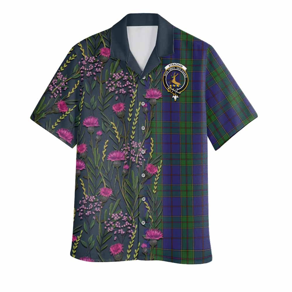 Strachan Family Crest Tartan Hawaiian Shirt Scottish Thistle Flower Pattern Half Style - Tartan Vibes Clothing