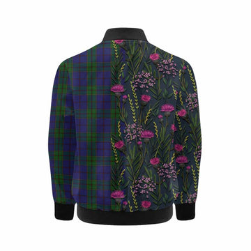 Strachan Family Crest Tartan Kid Bomber Jacket Scottish Thistle Flower Pattern Half Style