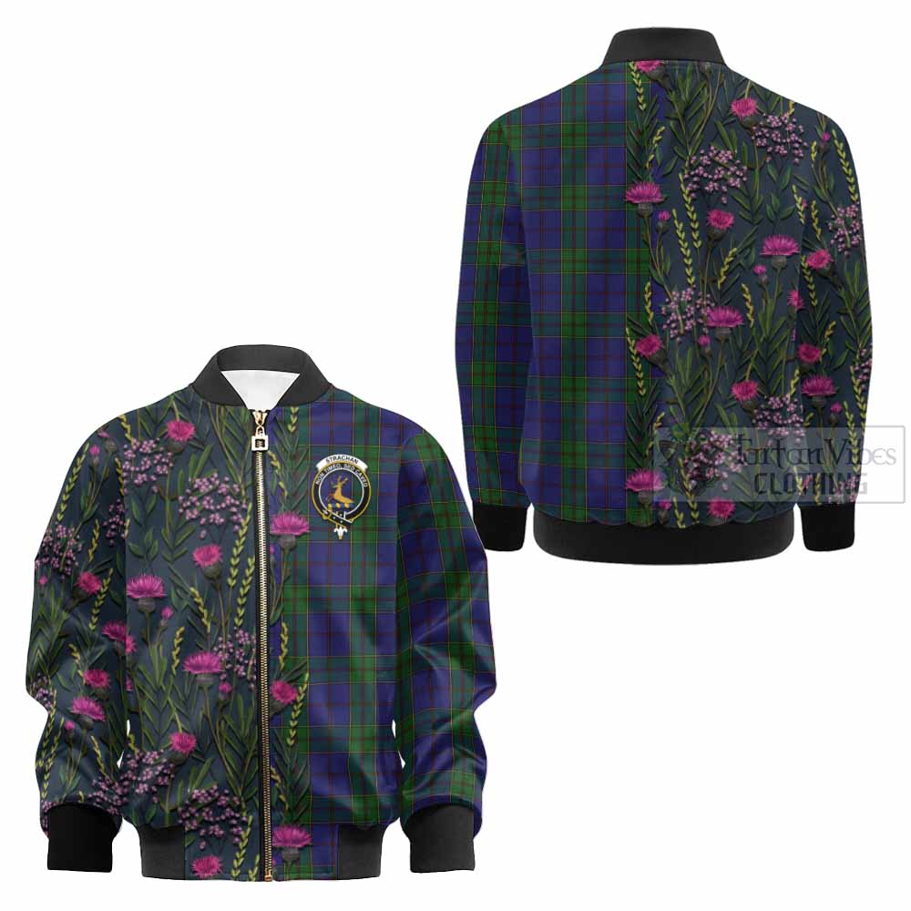 Strachan Family Crest Tartan Kid Bomber Jacket Scottish Thistle Flower Pattern Half Style - Tartan Vibes Clothing