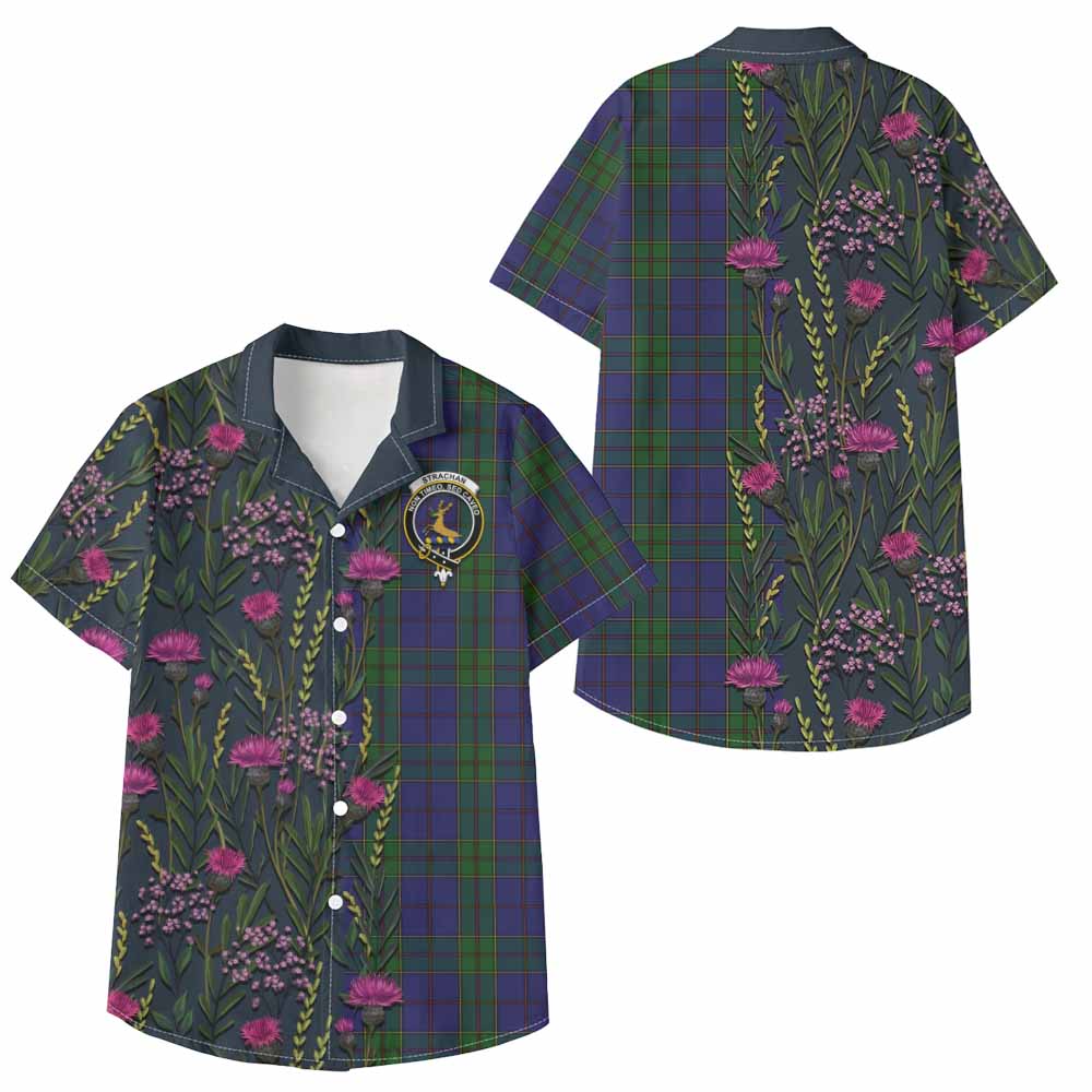 Strachan Family Crest Tartan Kid Hawaiian Shirt Scottish Thistle Flower Pattern Half Style - Tartan Vibes Clothing