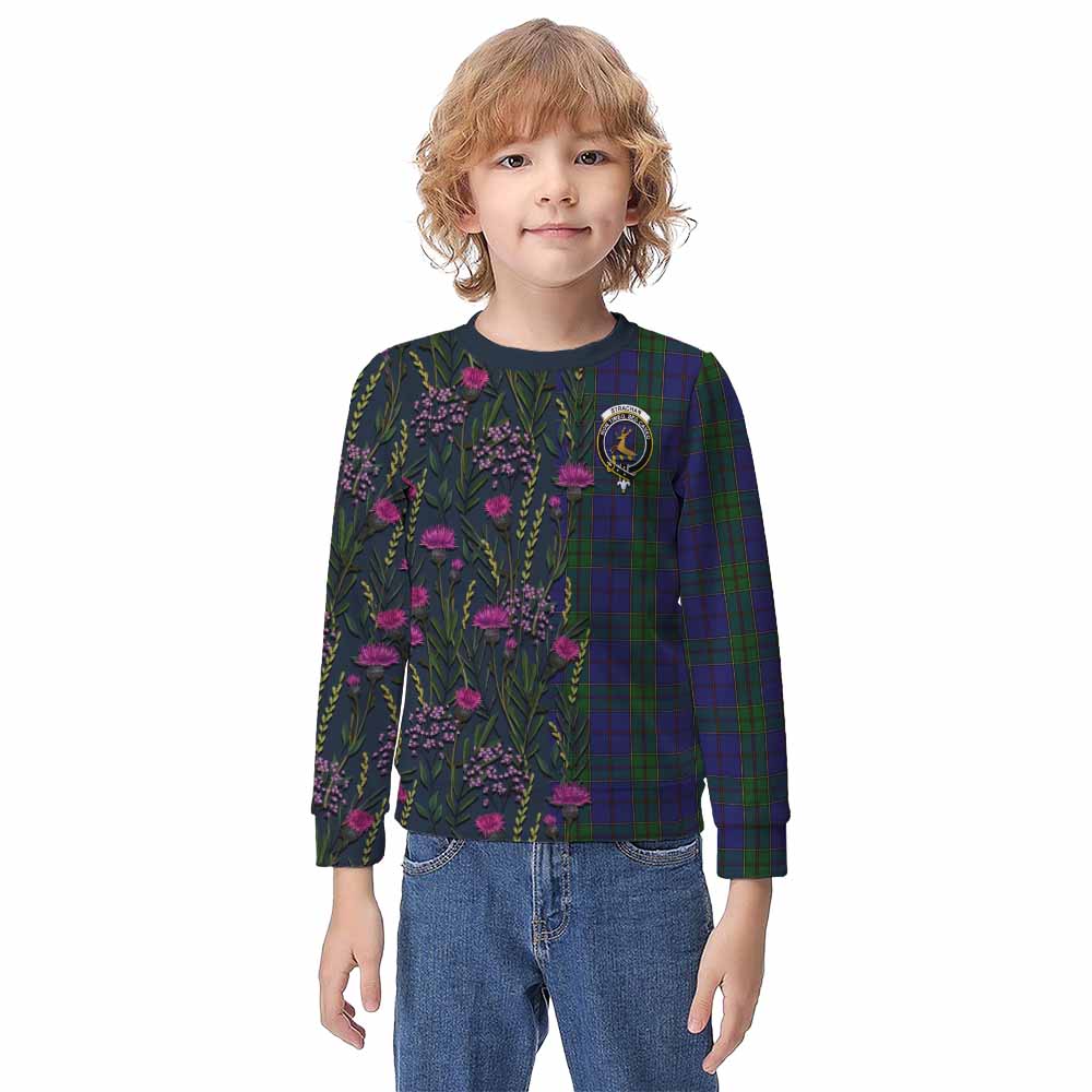 Strachan Family Crest Tartan Kid Knitted Sweatshirt Scottish Thistle Flower Pattern Half Style - Tartan Vibes Clothing