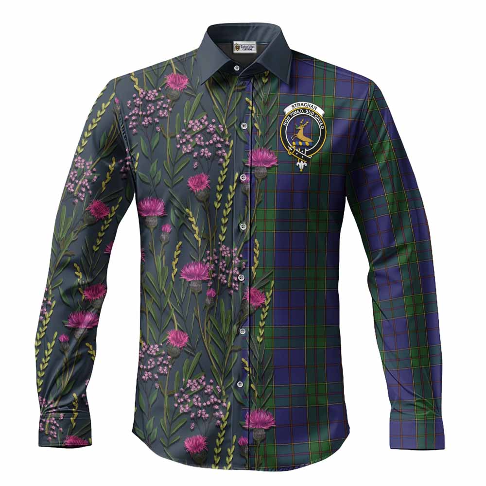 Strachan Family Crest Tartan Long Sleeve Button Shirts Scottish Thistle Flower Pattern Half Style - Tartan Vibes Clothing