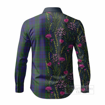 Strachan Family Crest Tartan Long Sleeve Button Shirts Scottish Thistle Flower Pattern Half Style
