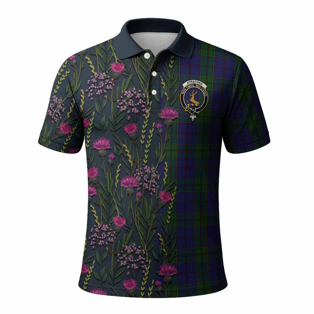 Strachan Family Crest Tartan Polo Shirt Scottish Thistle Flower Pattern Half Style - Tartan Vibes Clothing