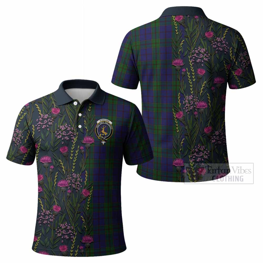 Strachan Family Crest Tartan Polo Shirt Scottish Thistle Flower Pattern Half Style - Tartan Vibes Clothing