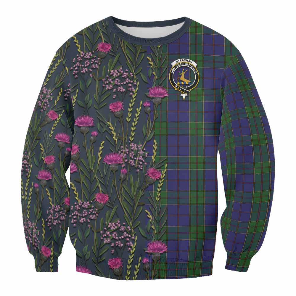 Strachan Family Crest Tartan Sweatshirt Scottish Thistle Flower Pattern Half Style - Tartan Vibes Clothing
