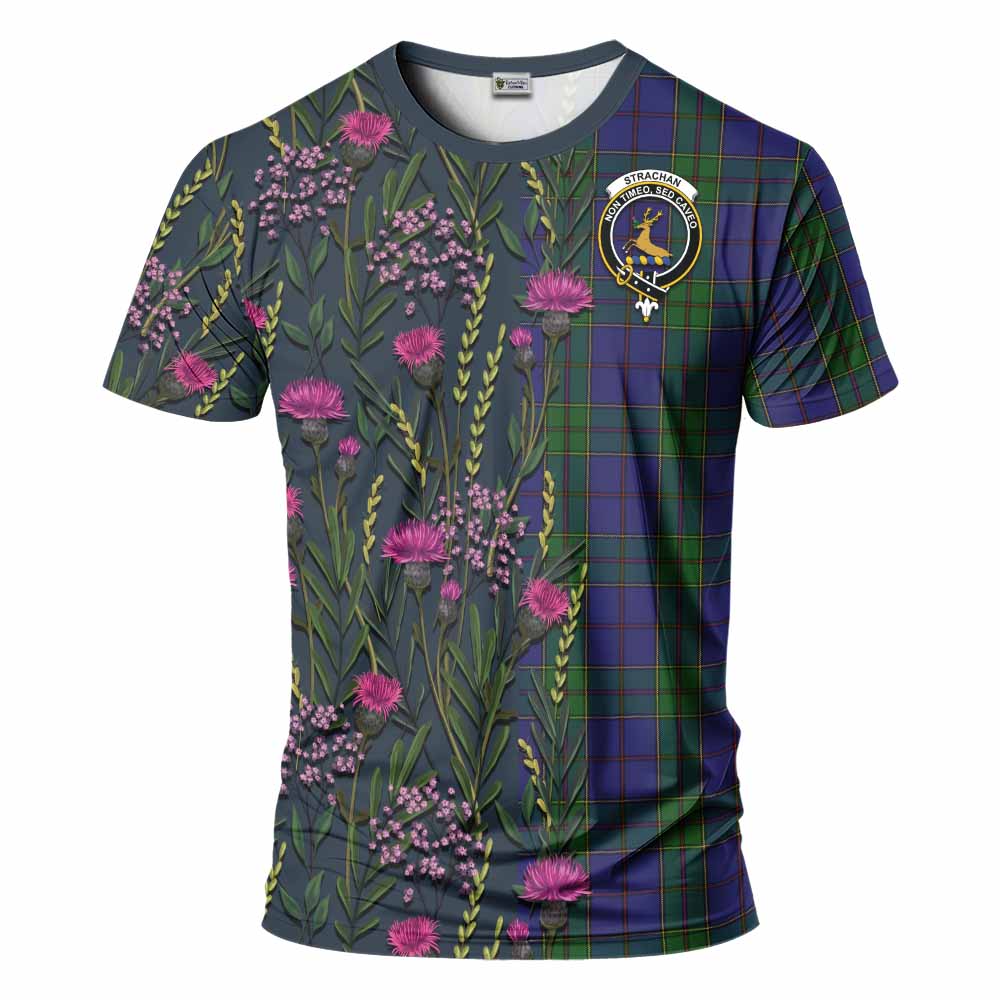 Strachan Family Crest Tartan T-Shirt Scottish Thistle Flower Pattern Half Style - Tartan Vibes Clothing