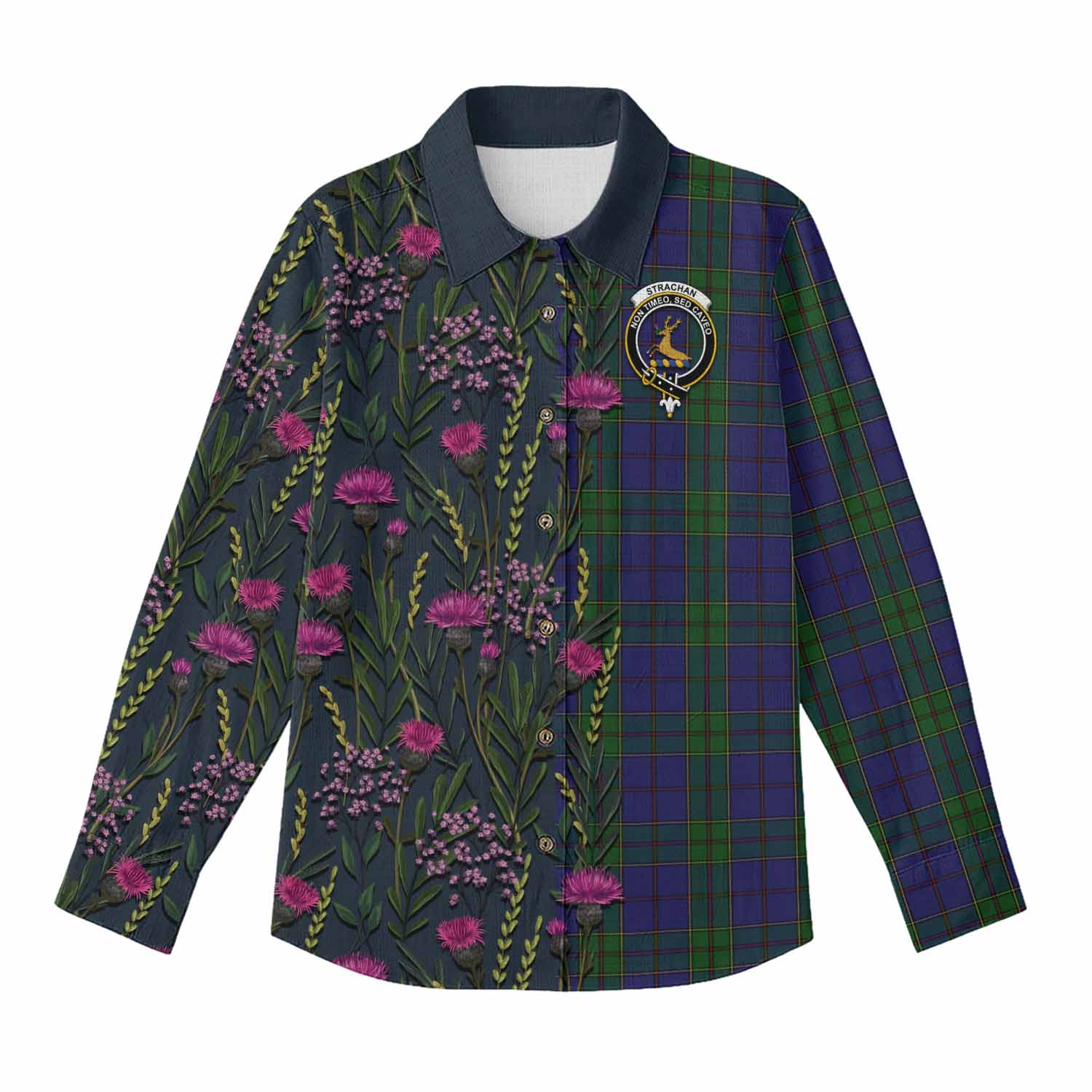 Strachan Family Crest Tartan Women Casual Shirt Scottish Thistle Flower Pattern Half Style - Tartan Vibes Clothing
