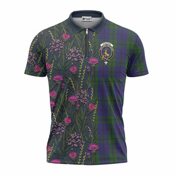 Strachan Family Crest Tartan Zipper Polo Shirt Scottish Thistle Flower Pattern Half Style