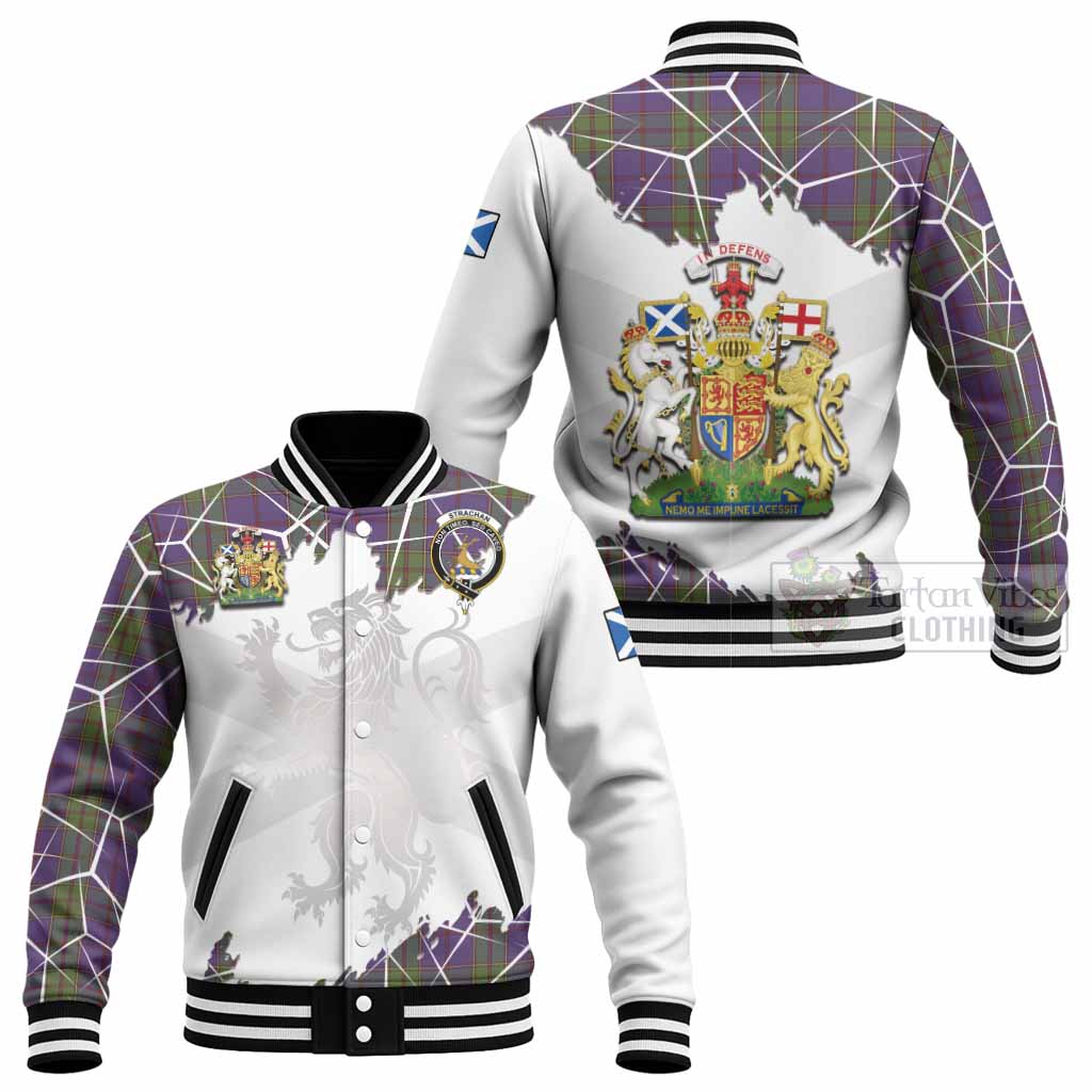 Strachan Tartan Baseball Jacket with Family Crest and Lion Rampant Grunge Style