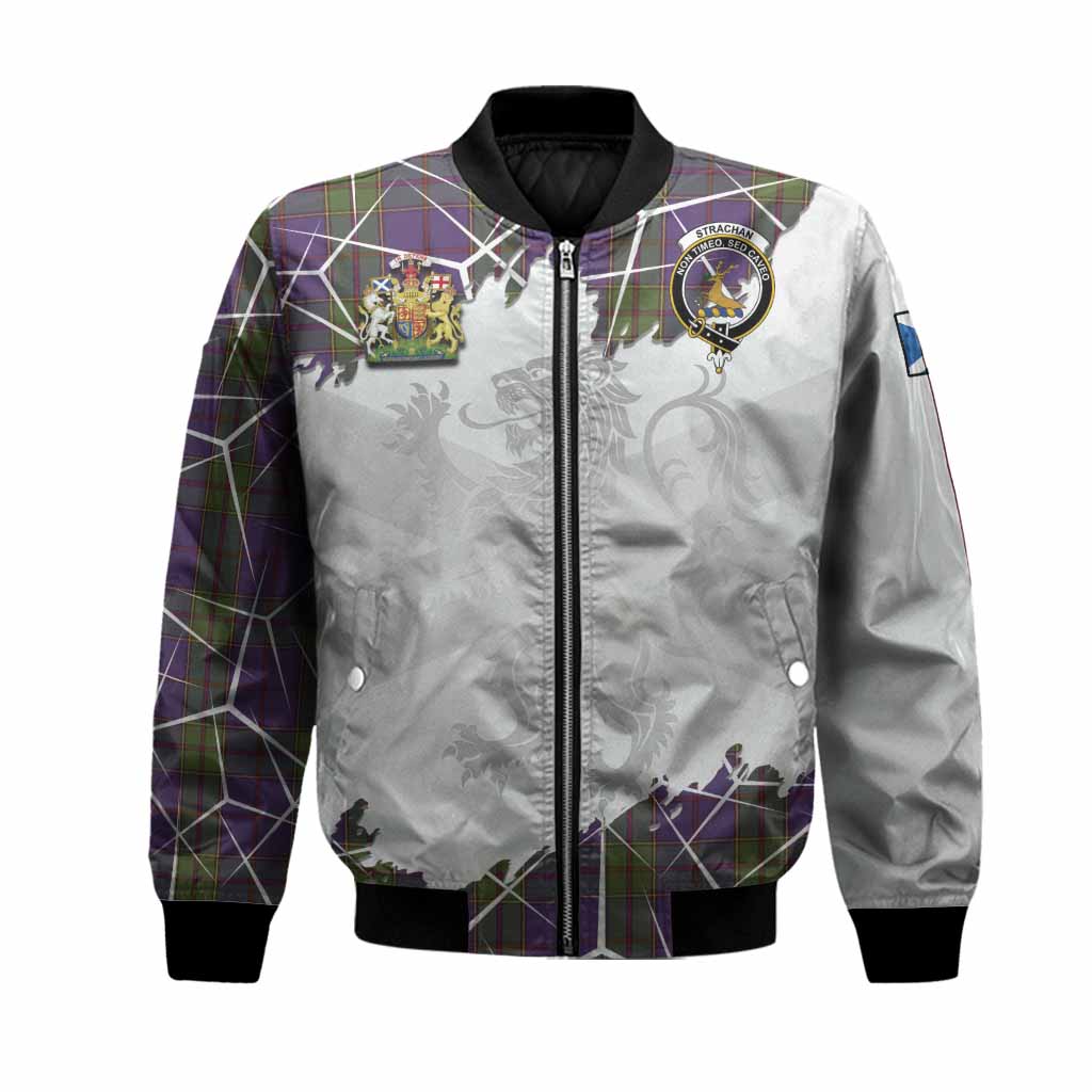 Strachan Tartan Bomber Jacket with Family Crest and Lion Rampant Grunge Style