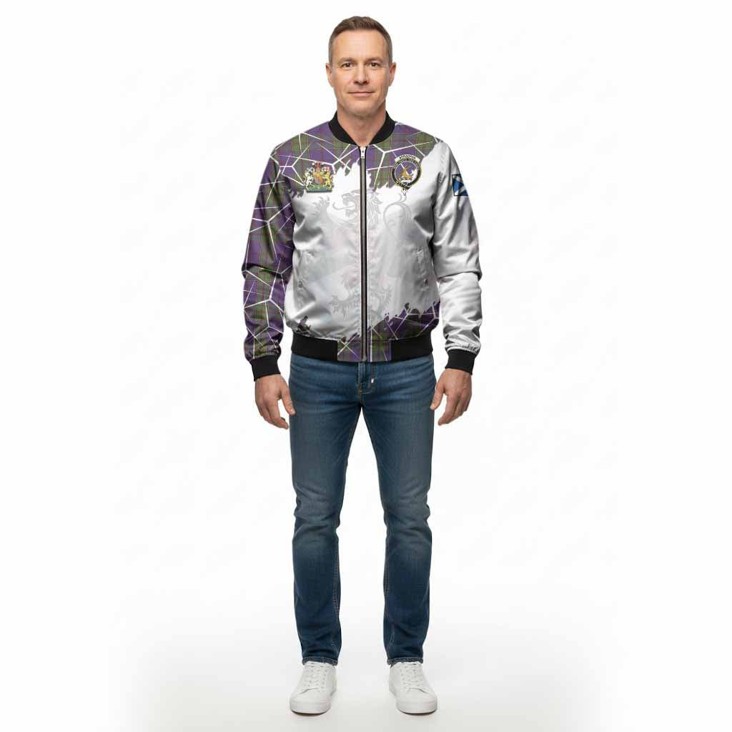 Strachan Tartan Bomber Jacket with Family Crest and Lion Rampant Grunge Style