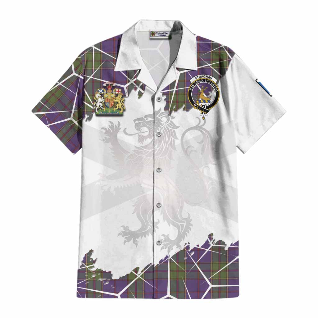 Strachan Tartan Cotton Hawaiian Shirt with Family Crest and Lion Rampant Grunge Style