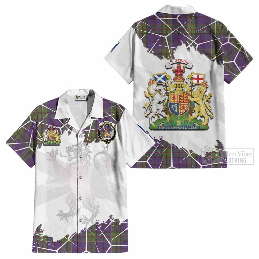 Strachan Tartan Cotton Hawaiian Shirt with Family Crest and Lion Rampant Grunge Style