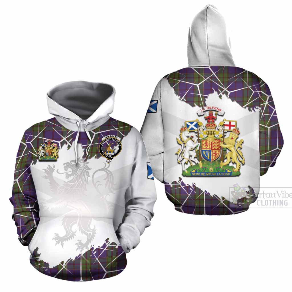 Strachan Tartan Cotton Hoodie with Family Crest and Lion Rampant Grunge Style