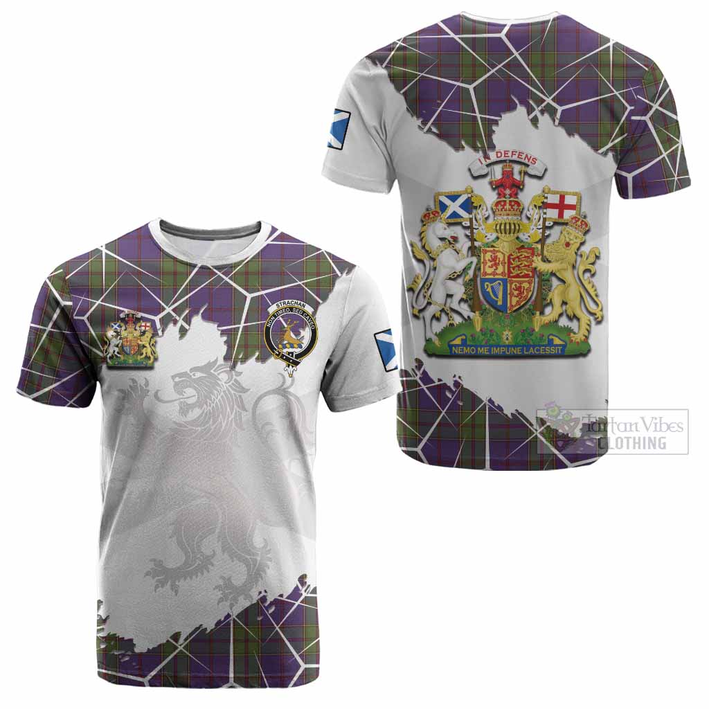 Strachan Tartan Cotton T-shirt with Family Crest and Lion Rampant Grunge Style