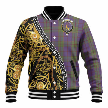 Strachan Tartan Crest Baseball Jacket Celtic Knot and Triple Trickle Spiral Symbols