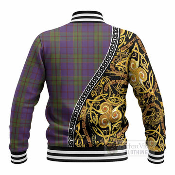 Strachan Tartan Crest Baseball Jacket Celtic Knot and Triple Trickle Spiral Symbols