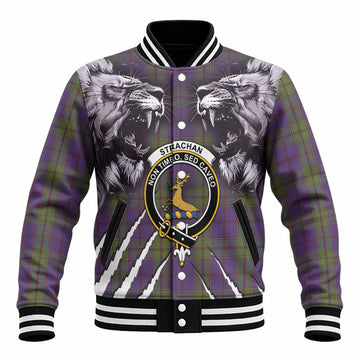 Strachan Tartan Crest Baseball Jacket Ferocious Lion Style