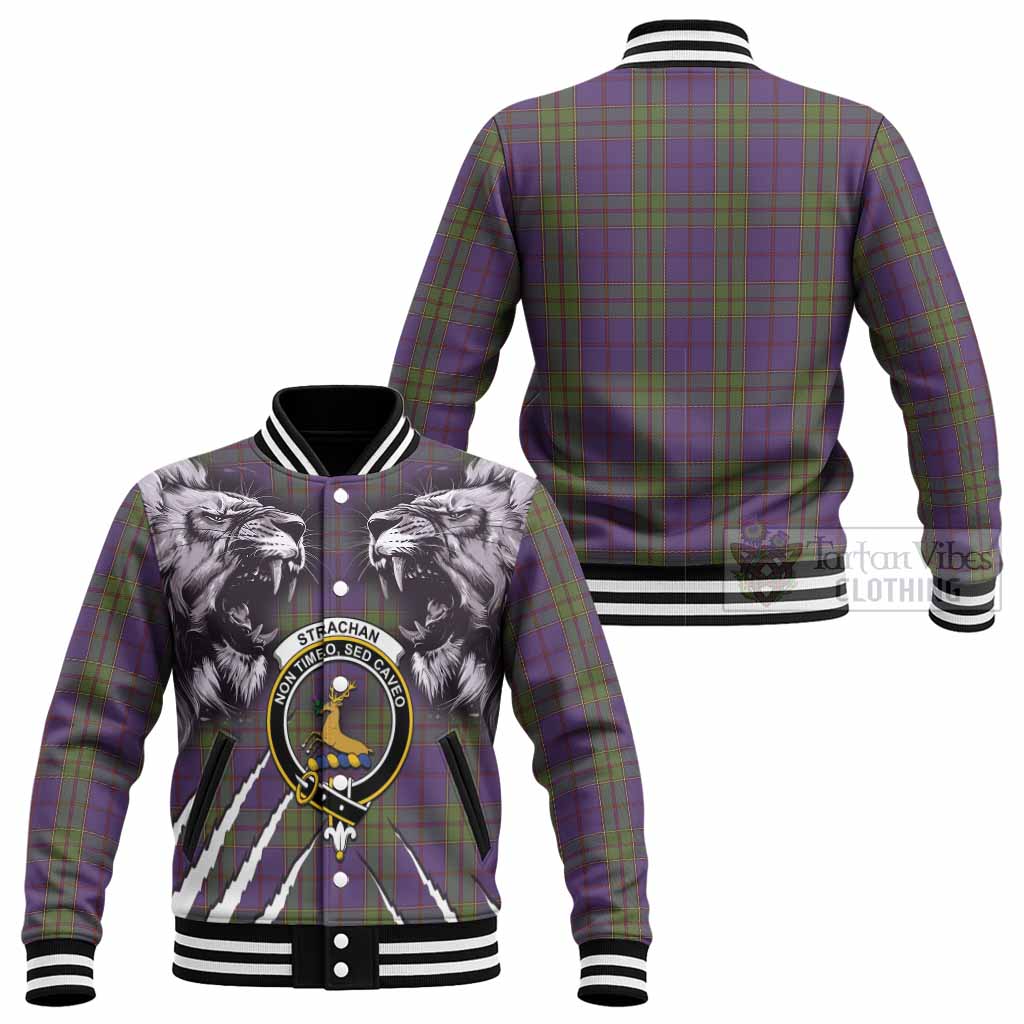 Strachan Tartan Crest Baseball Jacket Ferocious Lion Style