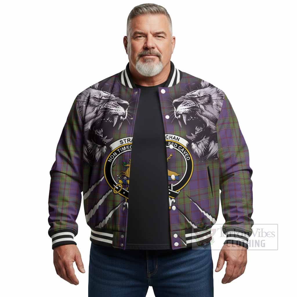Strachan Tartan Crest Baseball Jacket Ferocious Lion Style