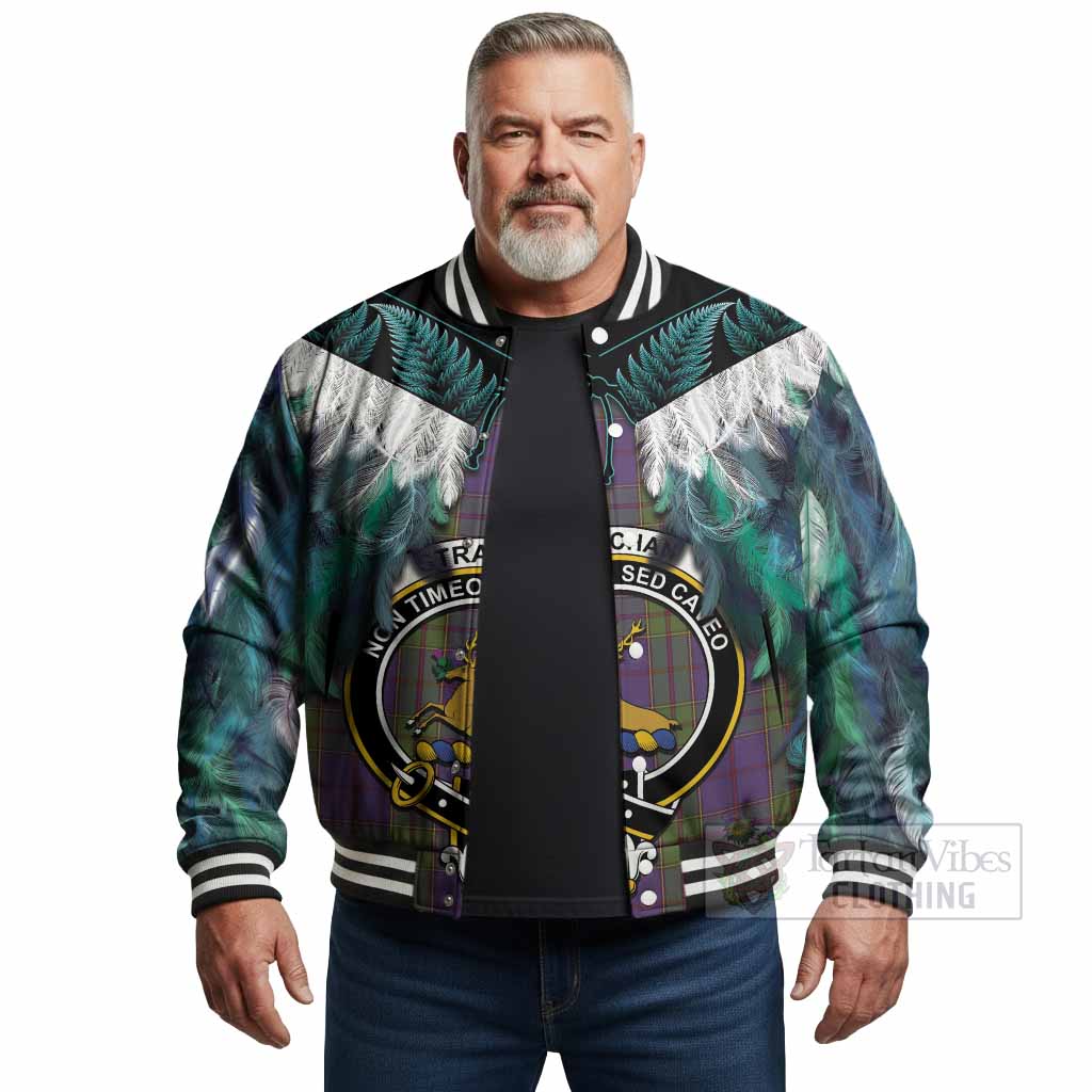 Strachan Tartan Crest Baseball Jacket New Zealand Maori Korowai Cloak