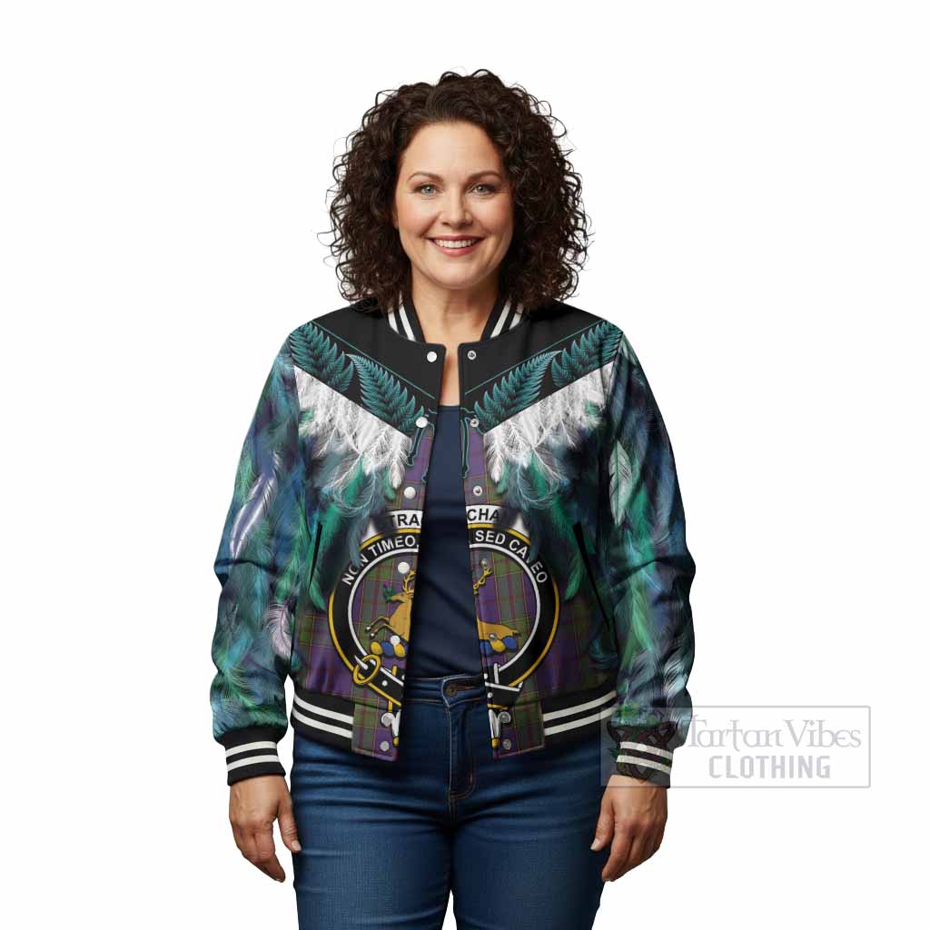 Strachan Tartan Crest Baseball Jacket New Zealand Maori Korowai Cloak