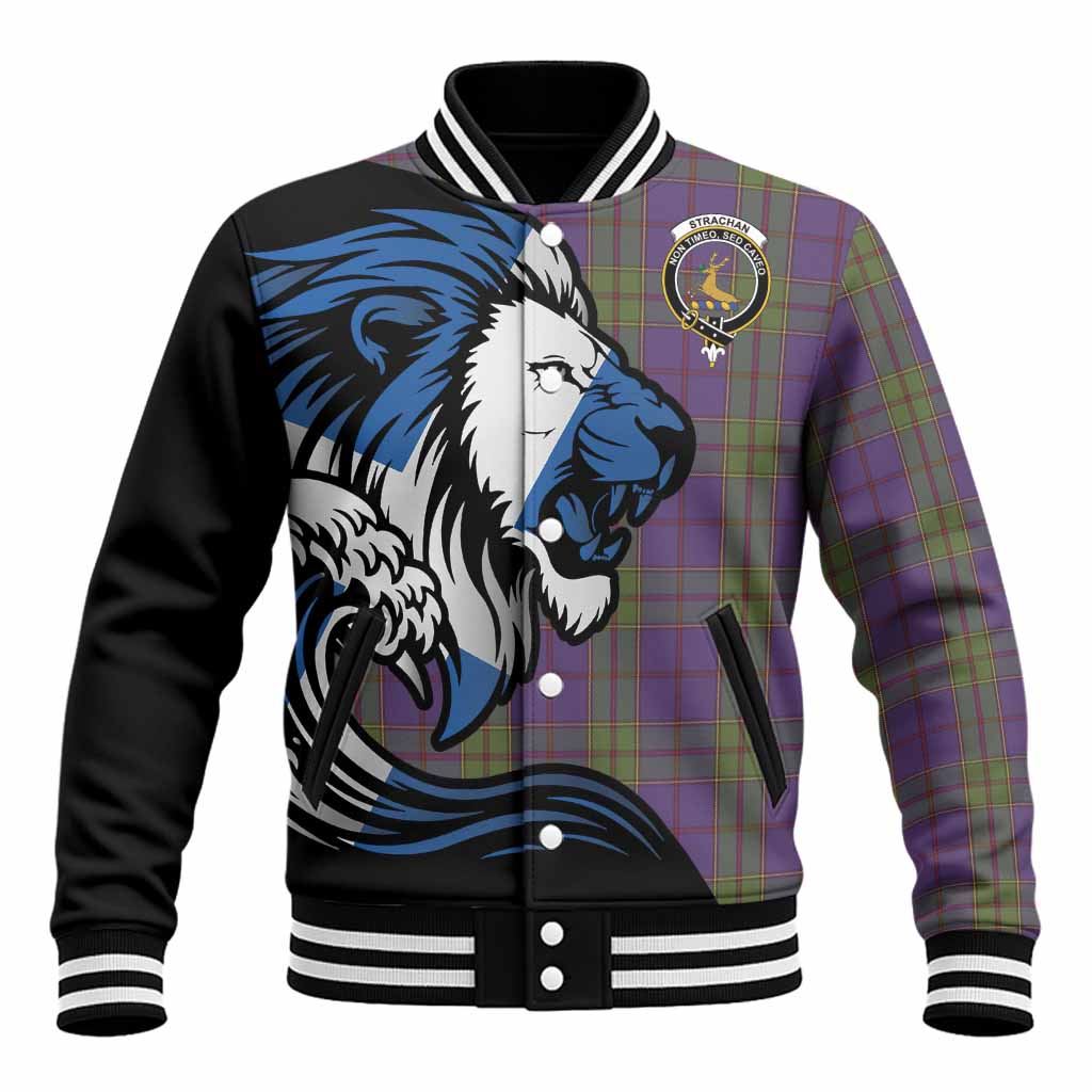 Strachan Tartan Crest Baseball Jacket Scottish Golden Lions Wave Flow