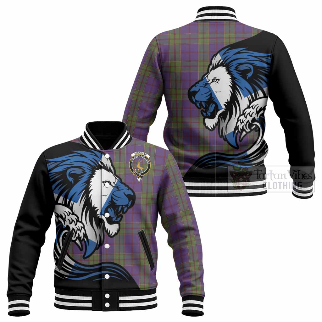 Strachan Tartan Crest Baseball Jacket Scottish Golden Lions Wave Flow