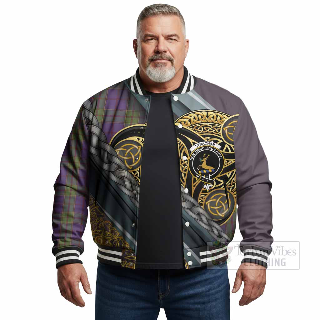 Strachan Tartan Crest Baseball Jacket Scottish Triskele Celtic