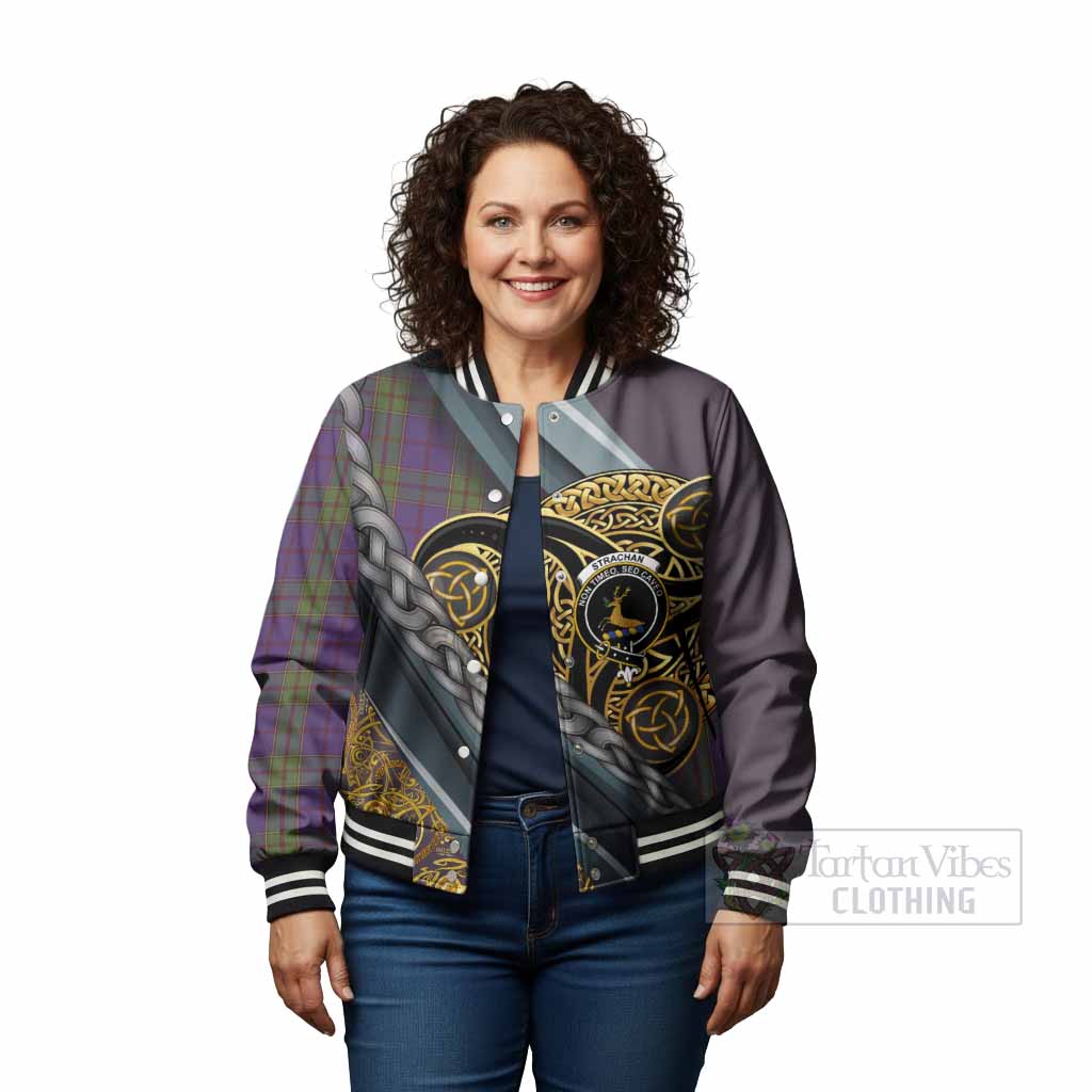 Strachan Tartan Crest Baseball Jacket Scottish Triskele Celtic