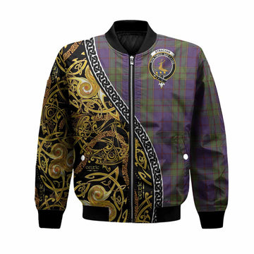 Strachan Tartan Crest Bomber Jacket Celtic Knot and Triple Trickle Spiral Symbols