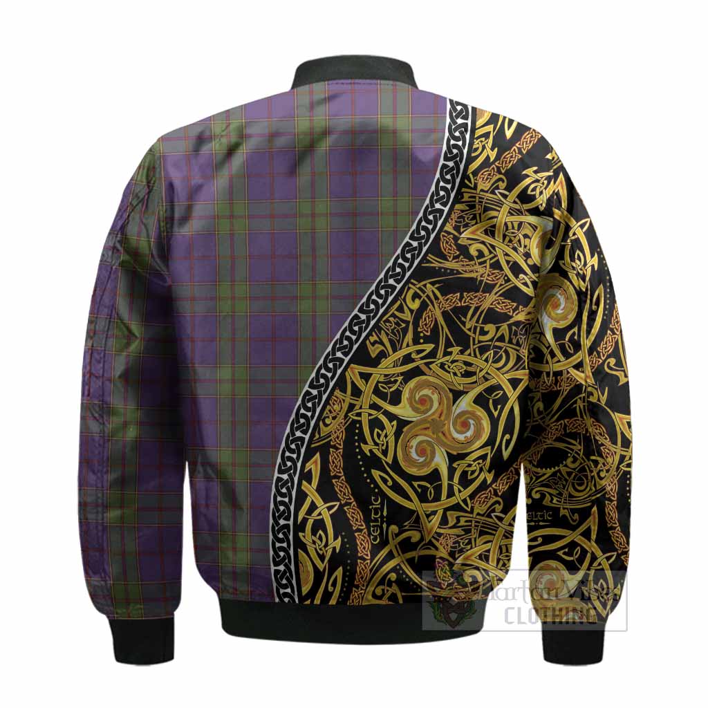 Strachan Tartan Crest Bomber Jacket Celtic Knot and Triple Trickle Spiral Symbols