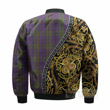Strachan Tartan Crest Bomber Jacket Celtic Knot and Triple Trickle Spiral Symbols