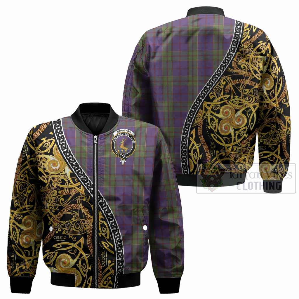 Strachan Tartan Crest Bomber Jacket Celtic Knot and Triple Trickle Spiral Symbols