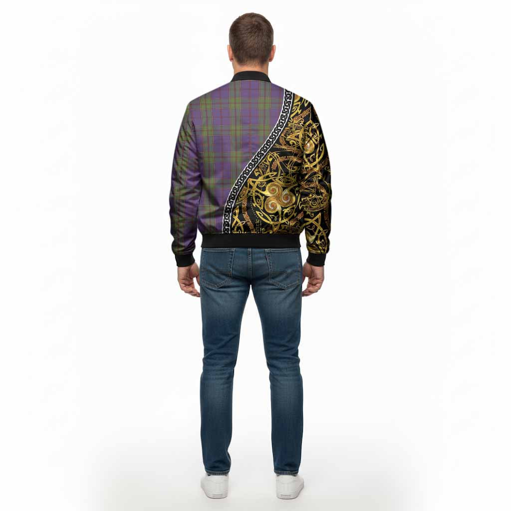 Strachan Tartan Crest Bomber Jacket Celtic Knot and Triple Trickle Spiral Symbols