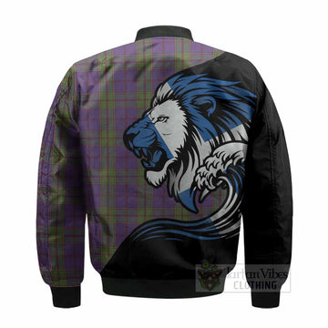 Strachan Tartan Crest Bomber Jacket Scottish Golden Lions Wave Flow